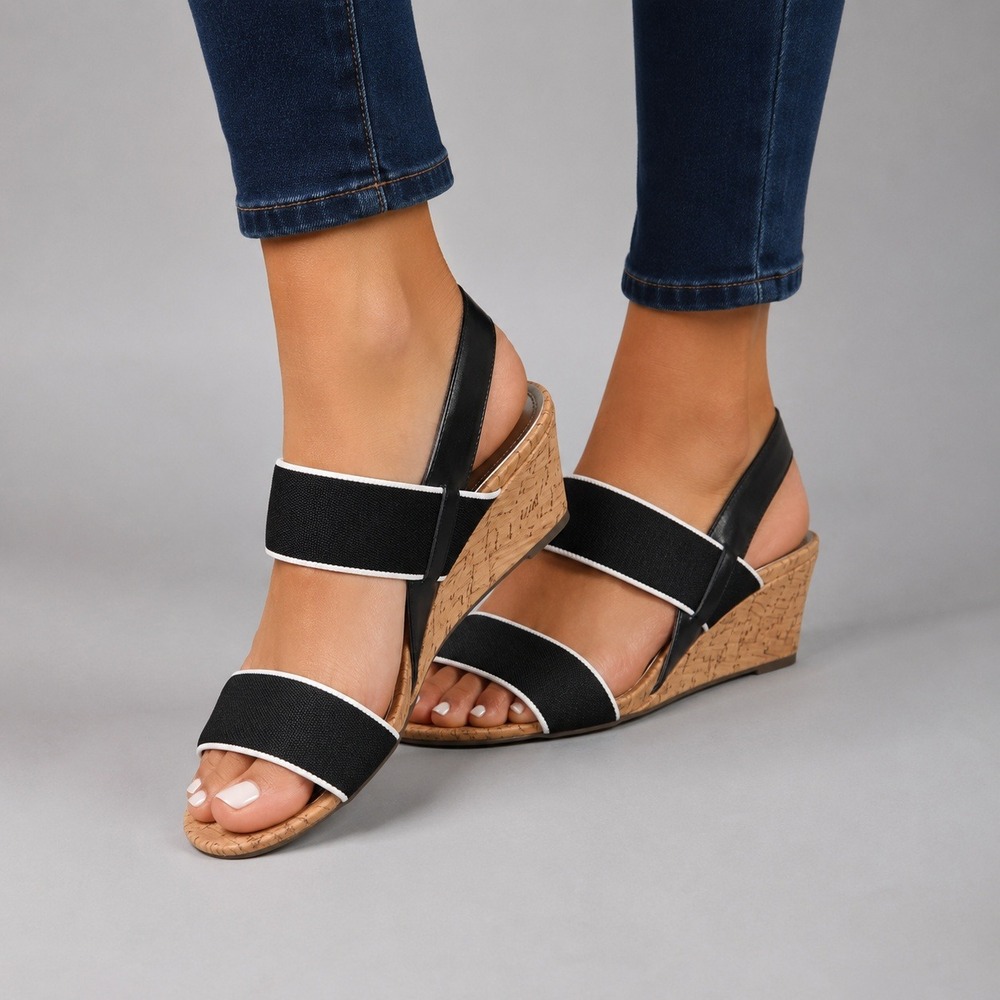 Coach and Four Women's Cork Wedge Sandals Black White Slingback Size 8.5 M